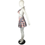 Plus Size Plaid Halter Bra Top+Pleated Mini Skirt 2 Piece Sets QYF-5102