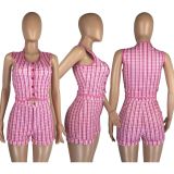 Plaid Sleeveless Two Piece Shorts Set LM-8306