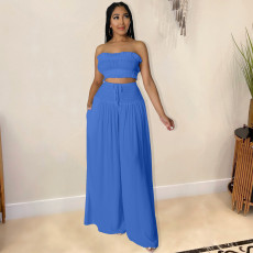 Plus Size Solid Tube Top Wide Leg Pants 2 Piece Sets HM-6606