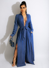 Denim Long Sleeve High Split Sashes Maxi Dress ZSD-0451