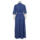 Denim Long Sleeve High Split Sashes Maxi Dress ZSD-0451