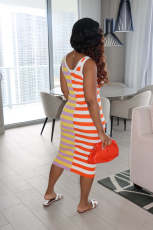 Striped Color Block Print Sleeveless Midi Dress QIYF-3226