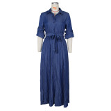 Denim Long Sleeve High Split Sashes Maxi Dress ZSD-0451