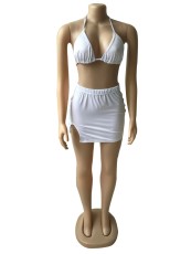 White Halter Bra Top Mini Skirt 2 Piece Sets QCYF-7995