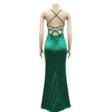 Solid Color Sexy Elegant Backless Tie Up Evening Dress BY-5617