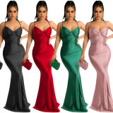 Solid Color Sexy Elegant Backless Tie Up Evening Dress BY-5617