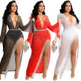 Fashion Sexy Nightclub Hot Diamond Deep V Slit Tassel Long Dress(With Panties) BY-5597