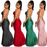 Solid Color Sexy Elegant Backless Tie Up Evening Dress BY-5617