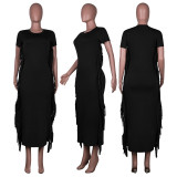 Solid Tassel Short Sleeve O Neck Maxi Dress (Without Belt) MA-Y475