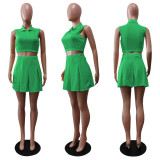 Solid Sleeveless Pleated Mini Skirt 2 Piece Sets BS-1306