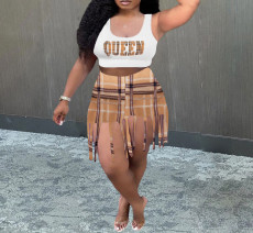 Plus Size Queen Letter Print Tank Top+Tassel Shorts Sets SHA-86301