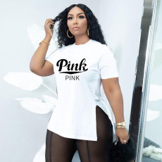 Plus Size Pink Letter Print O Neck Split T Shirt BDF-601803