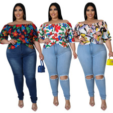 Plus Size Casual Off Shoulder Print Tie-Up Top CYA-1904