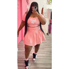 Plus Size Pink Letter Short Sleeve Pleated Mini Skirt 2 Piece Sets WAF-74264