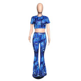 Casual Printed Short Sleeve Flare Pants 2 Piece Sets WXF-5115