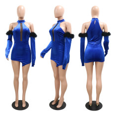Sexy Velvet Splice Irregular Feather Design Club Dress CYA-9658