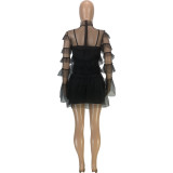 Sexy Mesh Ruffled Long Sleeve Dress+Vest Dress 2 Piece Sets MEI-9233