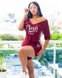 Pink Letter Print Casual Two Piece Shorts Set OY-6333
