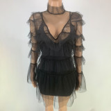 Sexy Mesh Ruffled Long Sleeve Dress+Vest Dress 2 Piece Sets MEI-9233