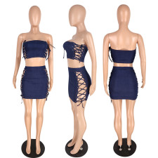 Denim Lace-Up Hollow Tube Top+Mini Skirt 2 Piece Sets YIS-B752