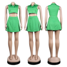 Green Sleeveless Pleated Mini Skirt 2 Piece Sets NY-10190