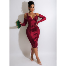 Sexy Mesh Patchwork Midi Dress With Thumb Hole Sleeves GCNF-0167