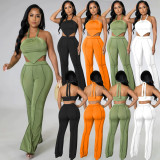 Plus Size Solid Halter Top And Pants 2 Piece Sets WPF-80538