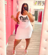 Plus Size Pink Letter Print Sleeveless Casual Dress YBSF-80042