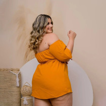 Plus Size Solid Off Shoulder Half Sleeve 2 Piece Shorts Set PHF-13275