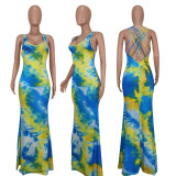 Tie Dye Print Sleeveless Open-Back Cross Strap Maxi Dress YD-8572