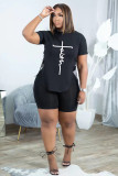 Plus Size Letter Lace-Up T Shirt And Shorts 2 Piece Sets ADTK-6227