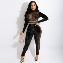 Plus Size Long Sleeve Mesh Splice Hot Diamond Jumpsuits NY-2261