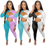 Splice Long Sleeve Cropped Top And Pants Two Piece Sets WMEF-20776