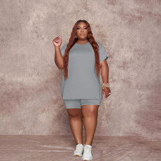 Plus Size Solid T Shirt And Shorts Two Piece Sets WTF-9187-1