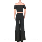 Solid Short Sleeve Wide Leg Pants Two Piece Sets MDF-5294