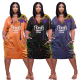 Plus Size Pink Letter Ink Jet Print V Neck Loose Dress NYF-8106