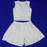 Solid V Neck Sleeveless Wide Leg Shorts 2 Piece Sets MEI-9238