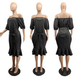 Plus Size Slash Neck Half Sleeve Rullfed Midi Dress MTY-6618