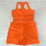 Solid Sports Tank Top Ruched Shorts Two Piece Sets MEI-9236