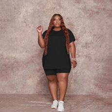 Plus Size Solid T Shirt And Shorts Two Piece Sets WTF-9187-1
