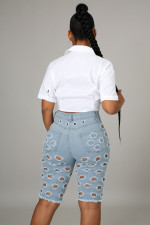 Denim Ripped Hole Knee Length Jeans YIS-A860