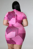 Plus Size Houndstooth Print Drawstring Short Sleeve Mini Dress OSM2-5300