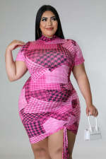 Plus Size Houndstooth Print Drawstring Short Sleeve Mini Dress OSM2-5300