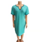 Plus Size Short Sleeve V Neck Casual Dress FST-7268