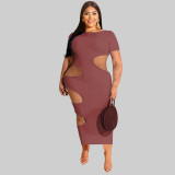 Plus Size Solid Short Sleeve Hollow Out Long Dress OSIF-22199