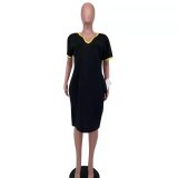 Plus Size Short Sleeve V Neck Casual Dress FST-7268