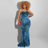 Sexy Leopard Feather Print Backless Maxi Dress OSIF-22191