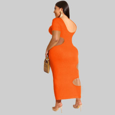 Plus Size Solid Short Sleeve Hollow Out Long Dress OSIF-22199