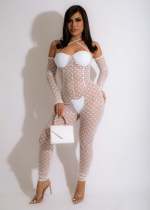 Sexy Mesh See Through Halter Jumpsuit+Sleeves+Thong CHY-1355