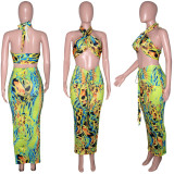 Sexy Printed Wrap Chest Long Skirt 2 Piece Sets SH-390283